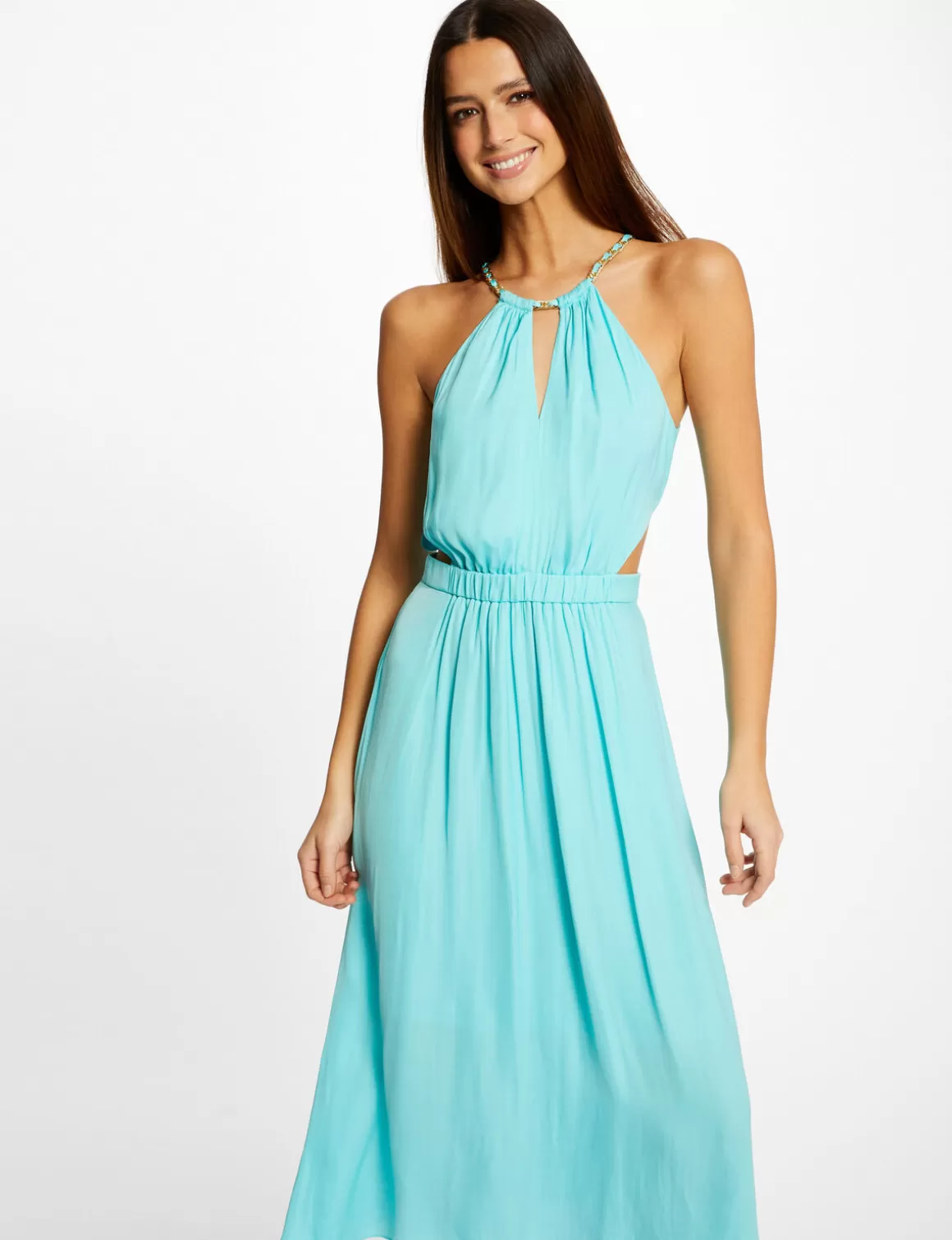 Morgan Robes>Robe Midi Evasee A Encolure Americaine Bleu Clair Femme | Bleu_Clair