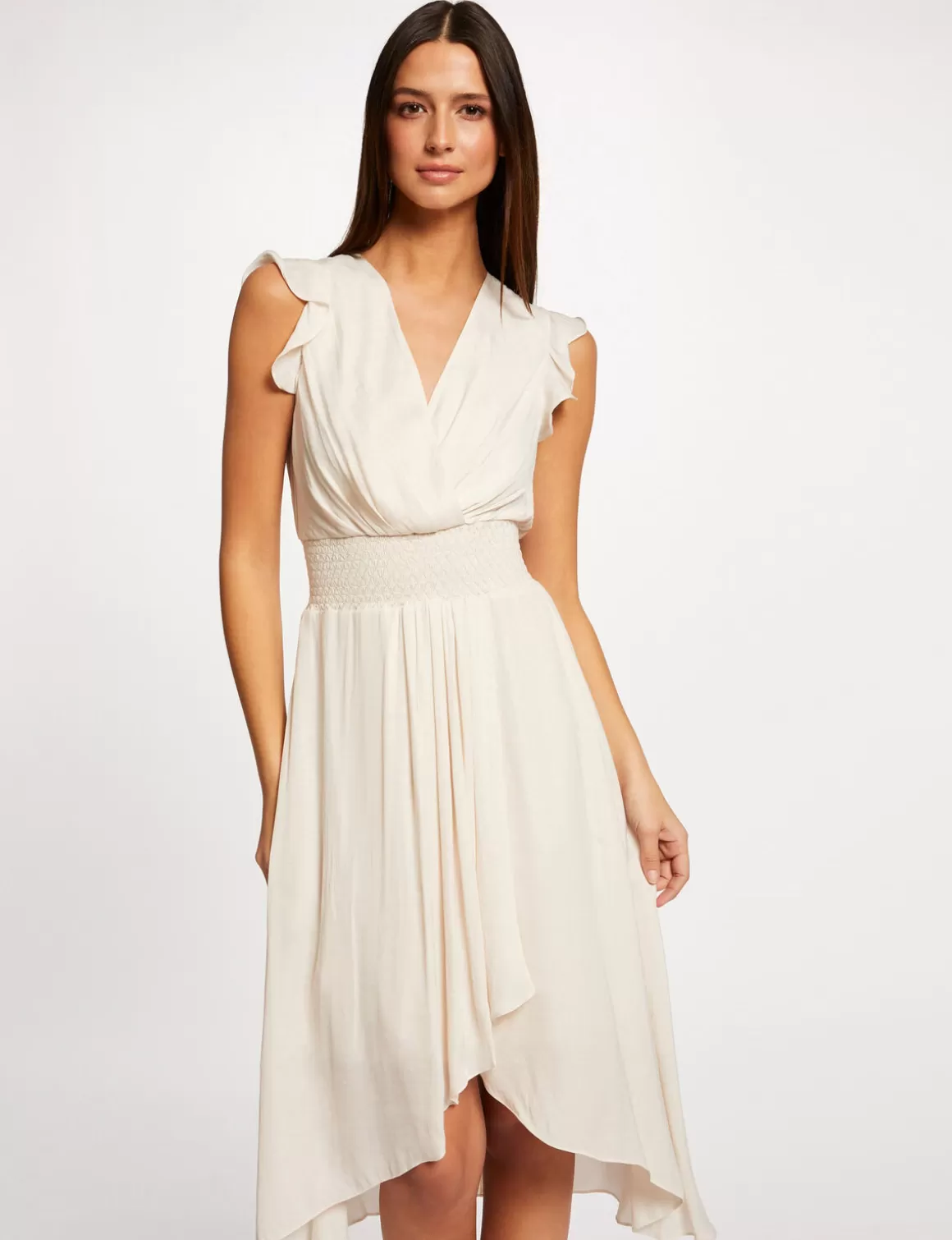 Morgan Robes>Robe Midi Evasee Fluide Drapee Smockee Ecru Moyen Femme | Ecru_Moyen