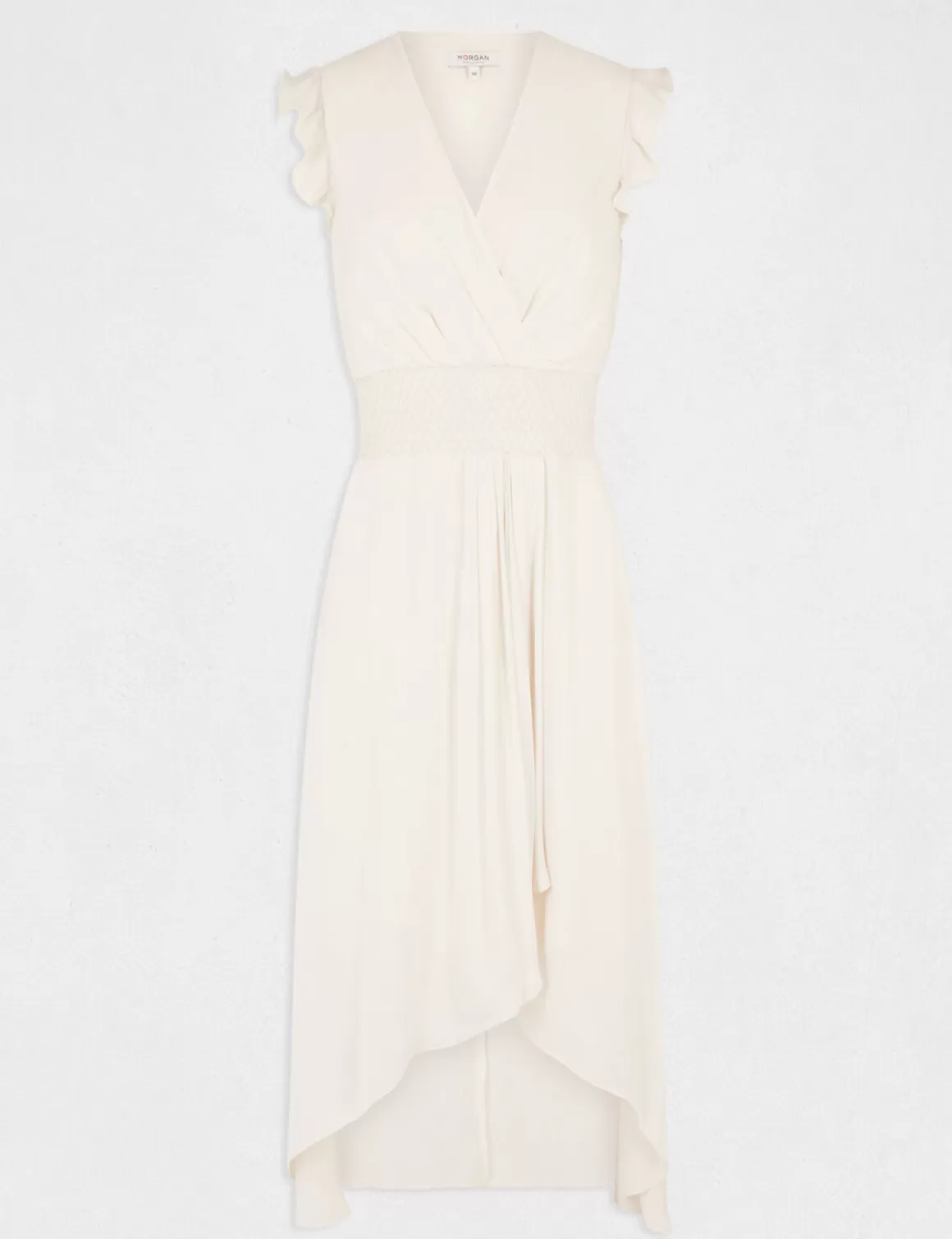 Morgan Robes>Robe Midi Evasee Fluide Drapee Smockee Ecru Moyen Femme | Ecru_Moyen