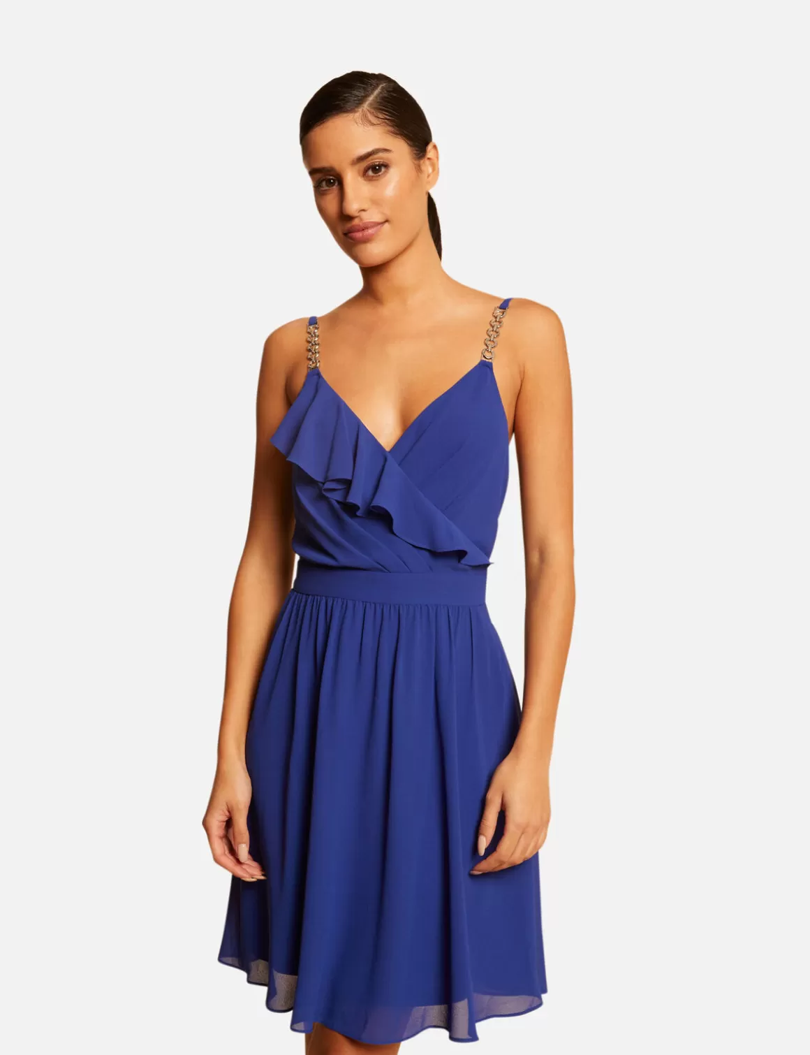 Morgan Robes>Robe Patineuse Avec Col Cache-Coeur Bleu Electrique Femme | Bleu_Electrique