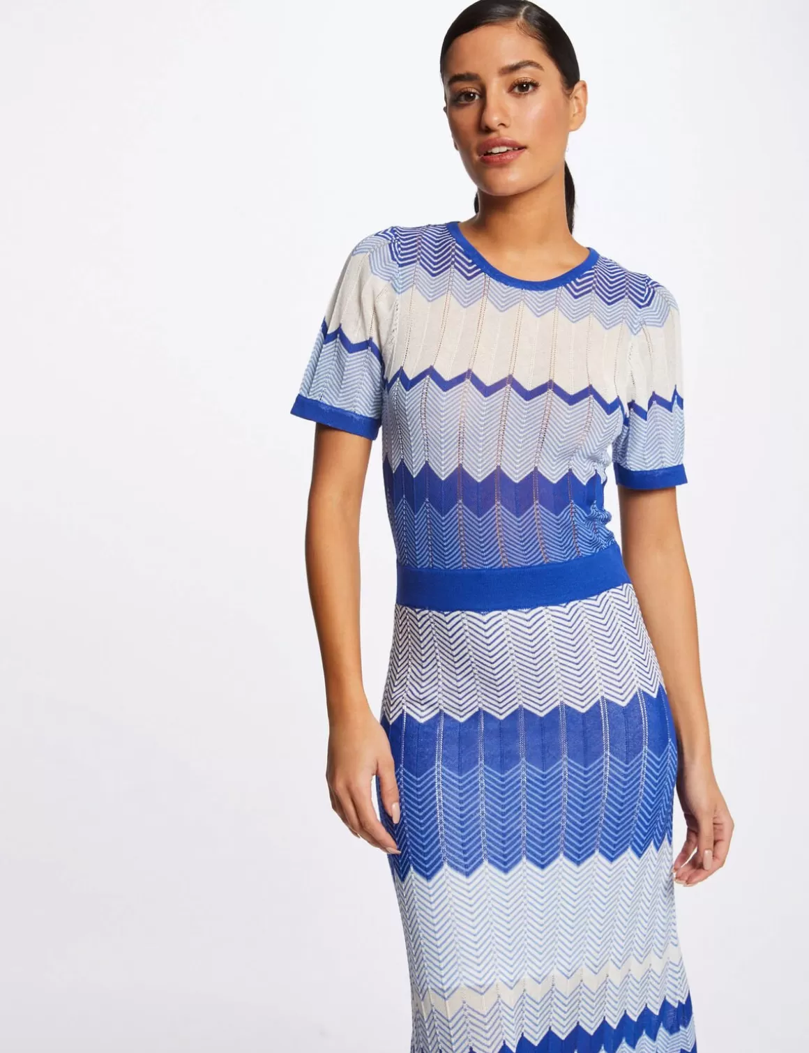 Morgan Robes>Robe Pull Longue Droite Imprime Chevron Bleu Moyen Femme | Bleu_Moyen