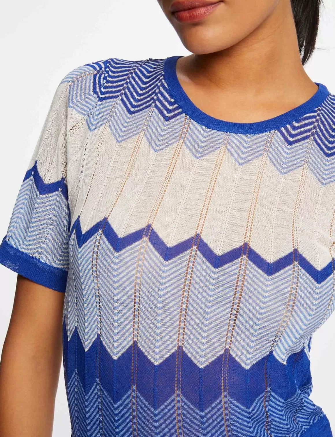Morgan Robes>Robe Pull Longue Droite Imprime Chevron Bleu Moyen Femme | Bleu_Moyen