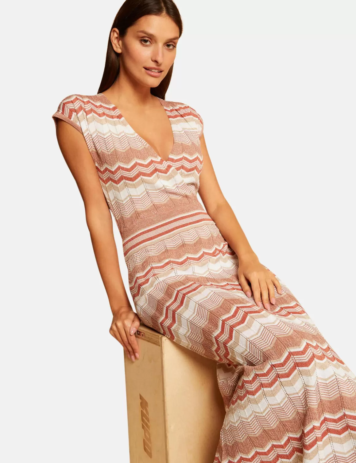 Morgan Robes>Robe Pull Longue Droite Imprime Chevron Vieux Rose Femme | Vieux_Rose