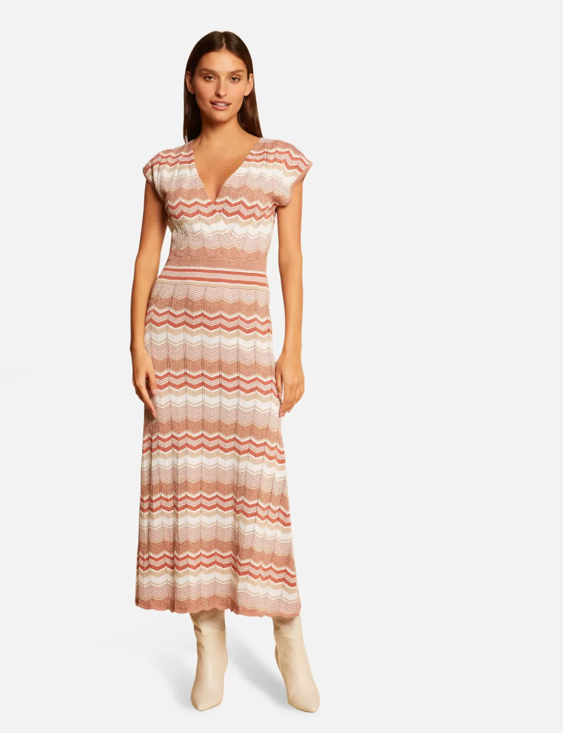 Morgan Robes>Robe Pull Longue Droite Imprime Chevron Vieux Rose Femme | Vieux_Rose