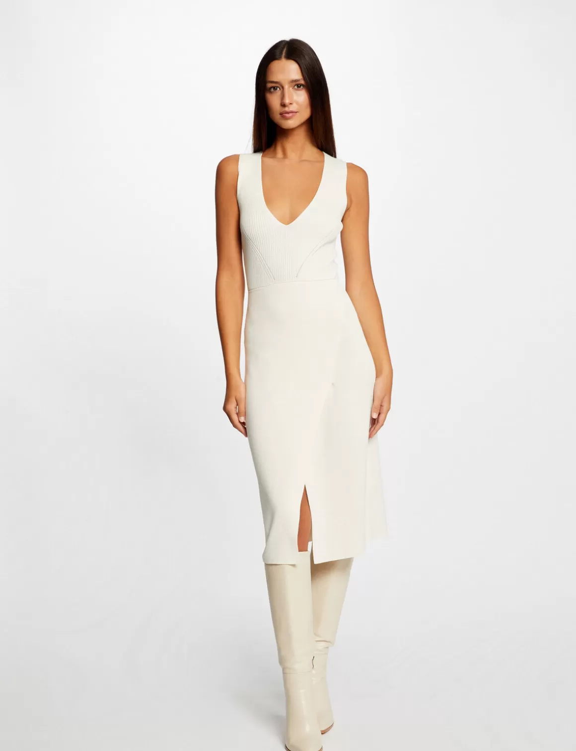 Morgan Robes>Robe Pull Midi Ajustee Col En V Femme | Ivoire