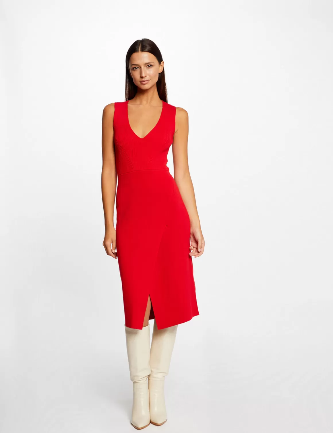 Morgan Robes>Robe Pull Midi Ajustee Col En V Femme | Rouge