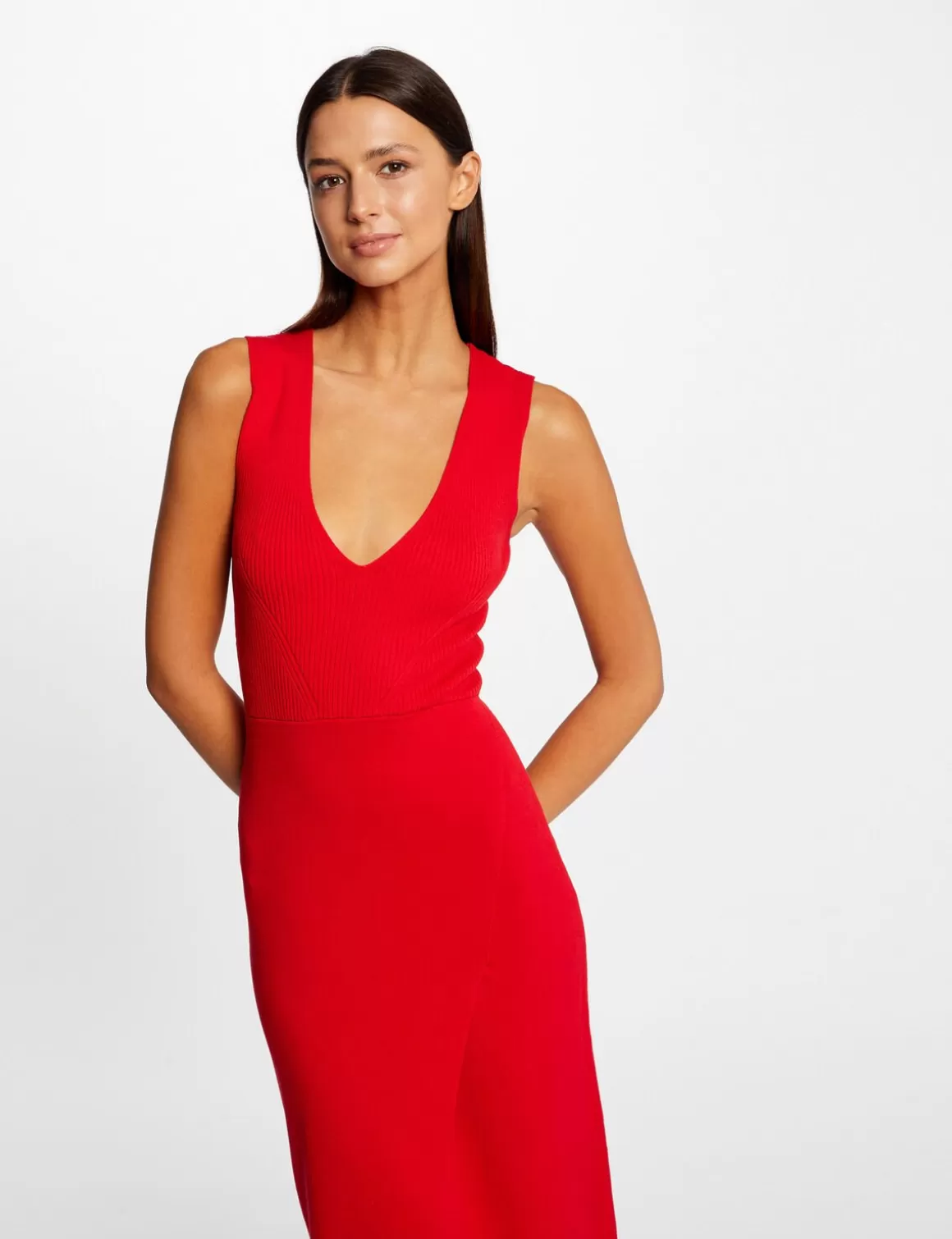 Morgan Robes>Robe Pull Midi Ajustee Col En V Femme | Rouge