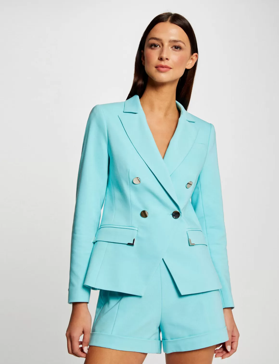 Morgan Ensembles Et Tailleurs>Short City Droit Ornements Metalliques Bleu Clair Femme | Bleu_Clair