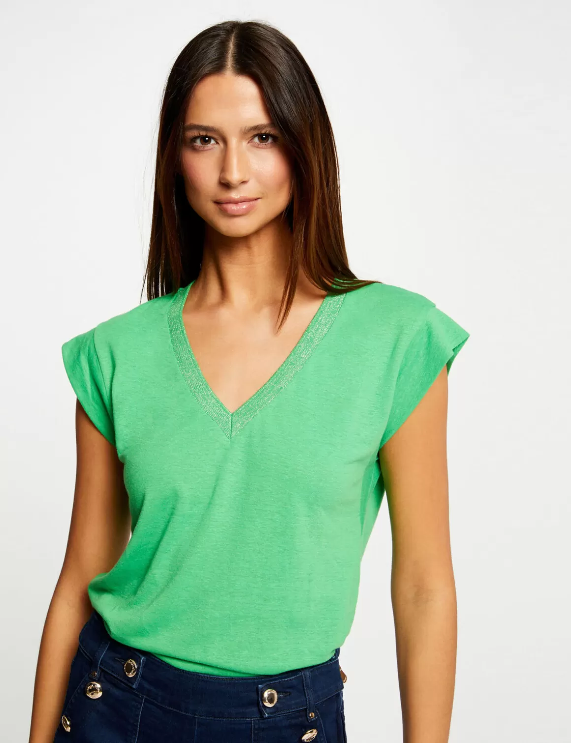 Morgan Tops Et T-Shirts>T-Shirt Manches Courtes A Col En V Femme | Vert
