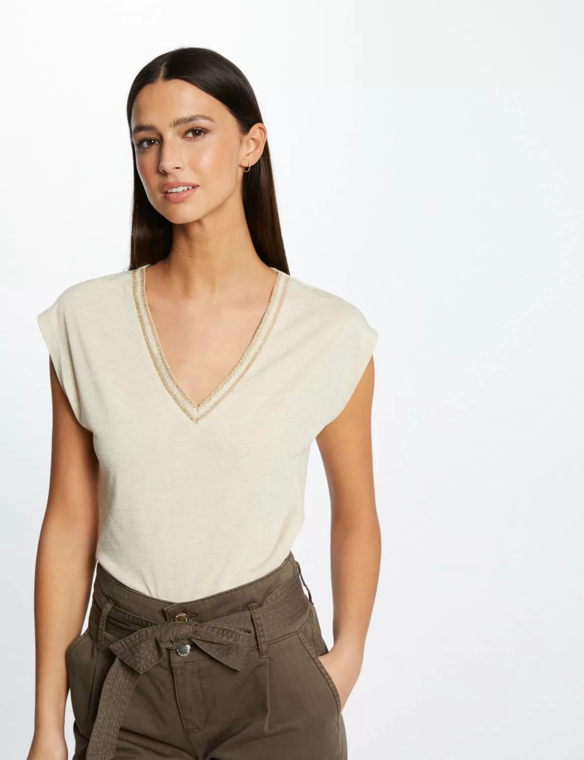 Morgan Tops Et T-Shirts>T-Shirt Manches Courtes A Col En V Femme | Sable