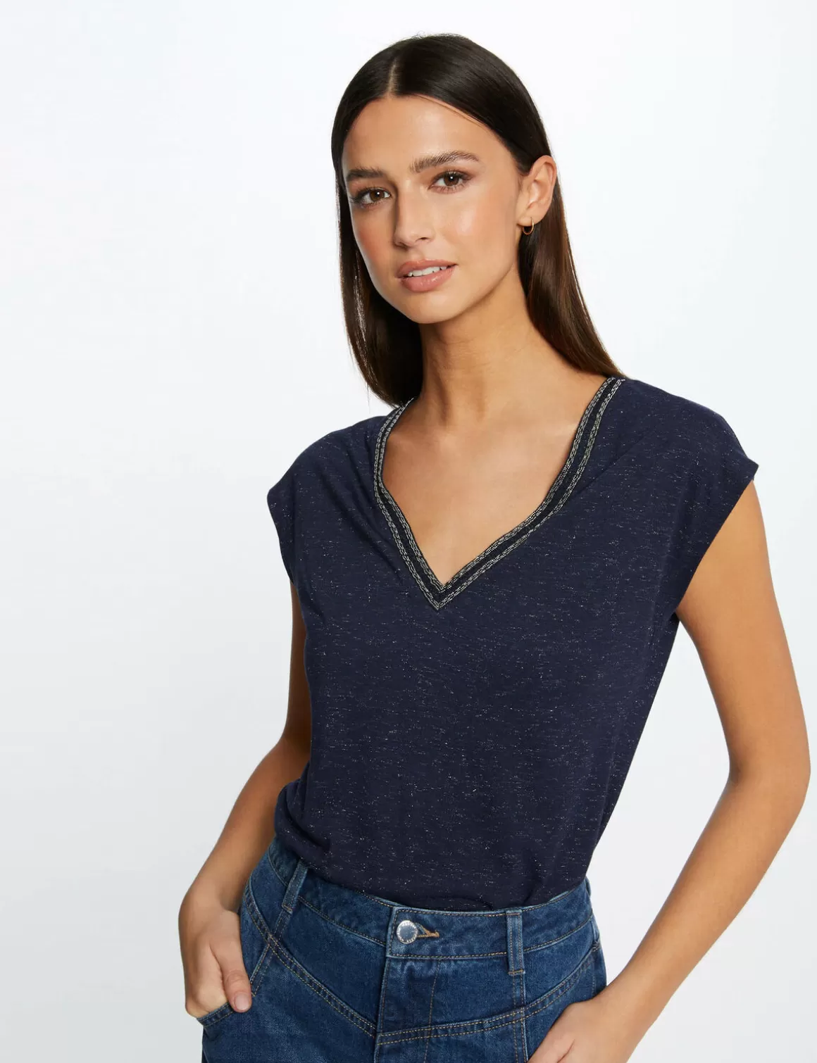 Morgan Tops Et T-Shirts>T-Shirt Manches Courtes A Col En V Femme | Marine
