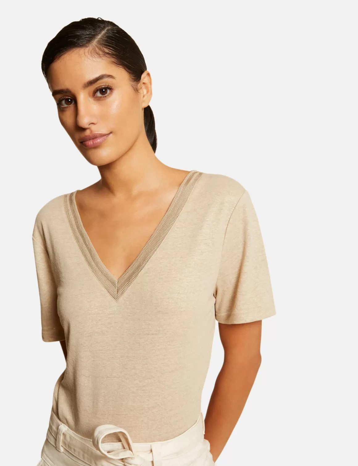 Morgan Tops Et T-Shirts>T-Shirt Manches Courtes A Col En V Femme | Beige