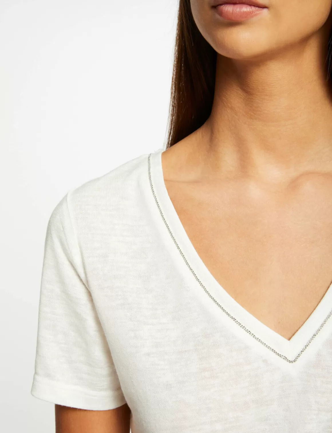 Morgan Tops Et T-Shirts>T-Shirt Manches Courtes A Col En V Femme | Ecru
