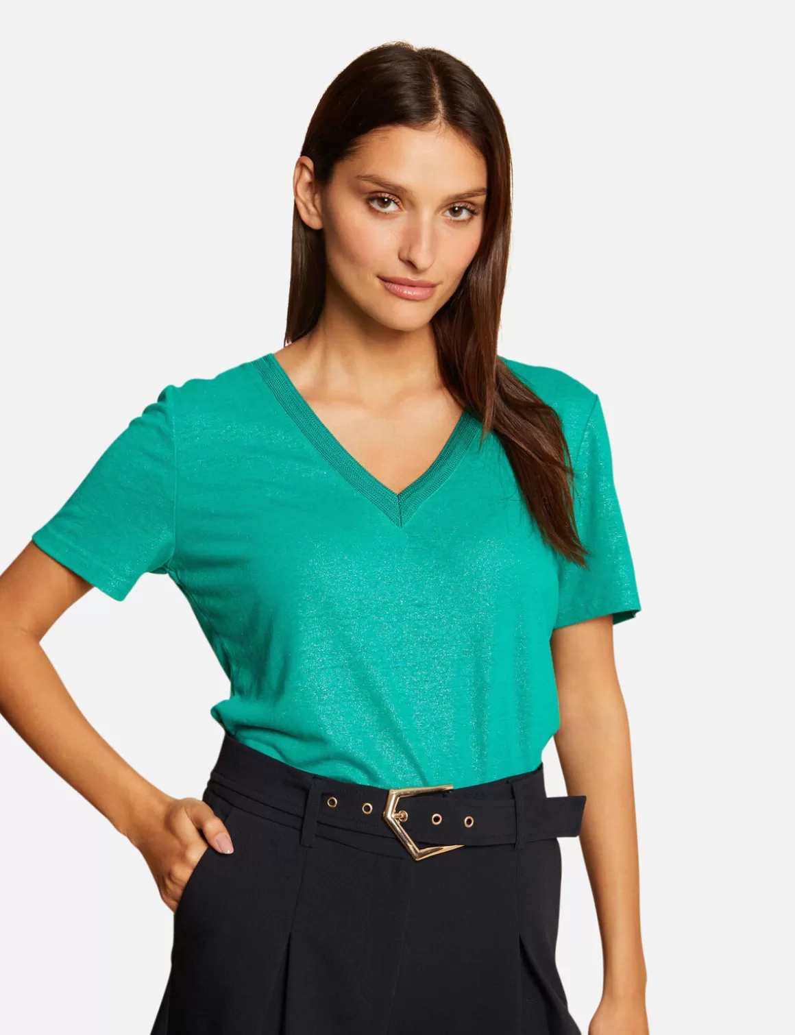 Morgan Tops Et T-Shirts>T-Shirt Manches Courtes A Col En V Vert Moyen Femme | Vert_Moyen