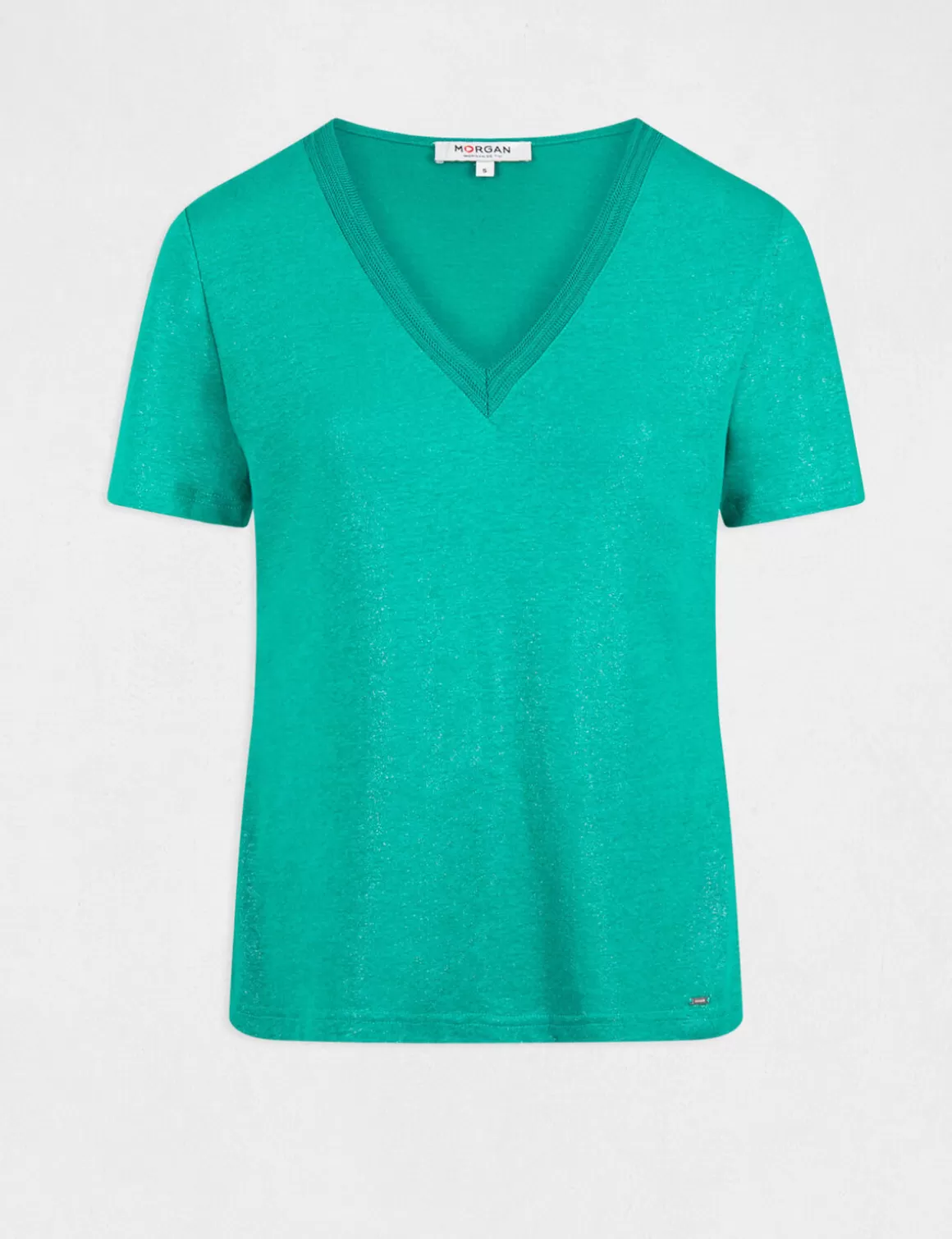 Morgan Tops Et T-Shirts>T-Shirt Manches Courtes A Col En V Vert Moyen Femme | Vert_Moyen