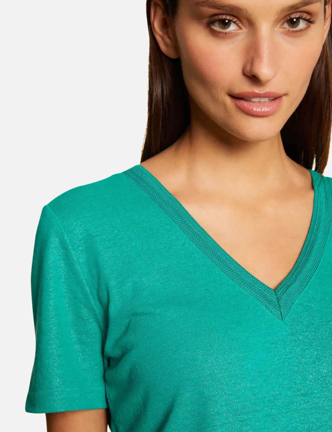 Morgan Tops Et T-Shirts>T-Shirt Manches Courtes A Col En V Vert Moyen Femme | Vert_Moyen
