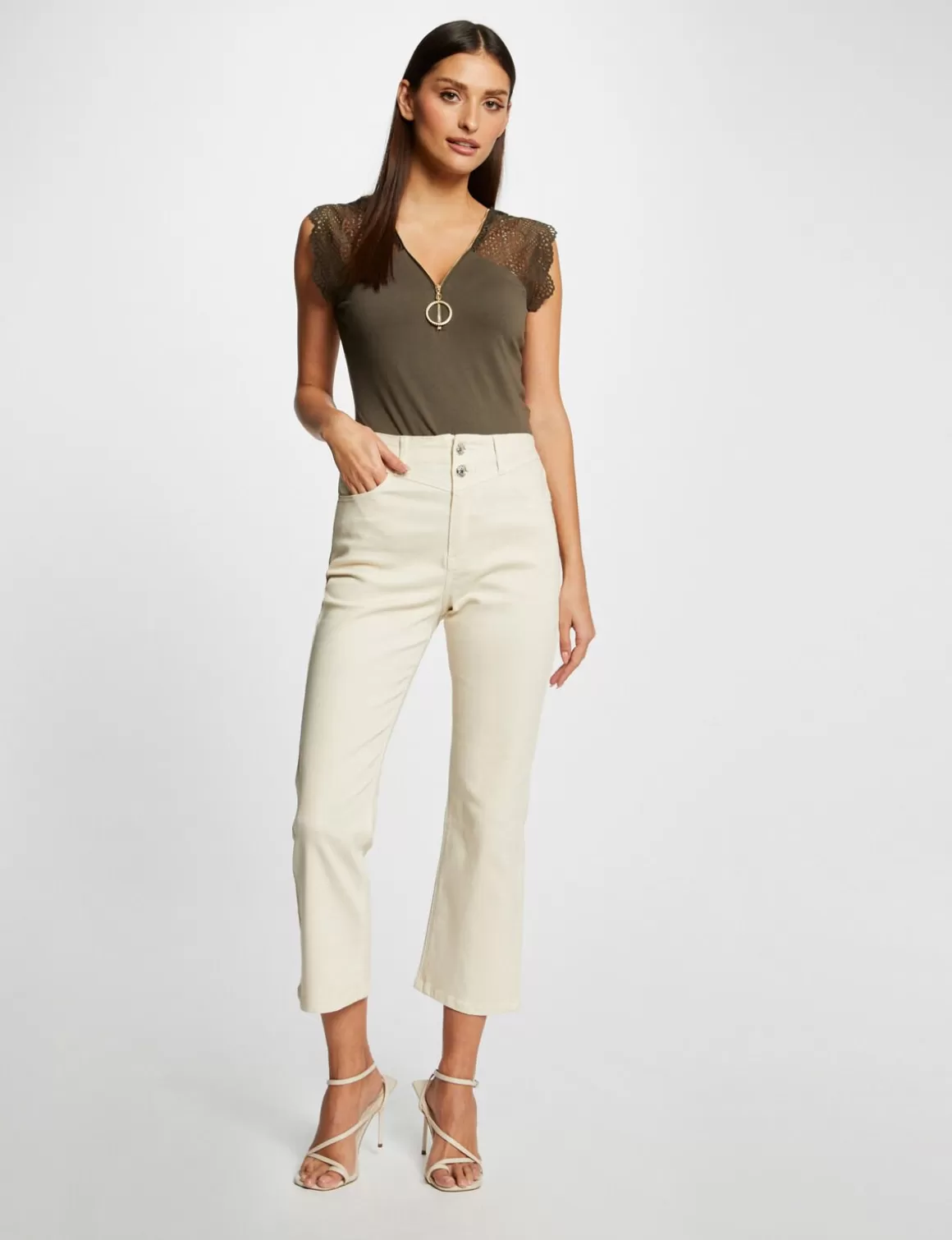 Morgan Tops Et T-Shirts>T-Shirt Manches Courtes A Dentelle Vert Kaki Femme | Vert_Kaki