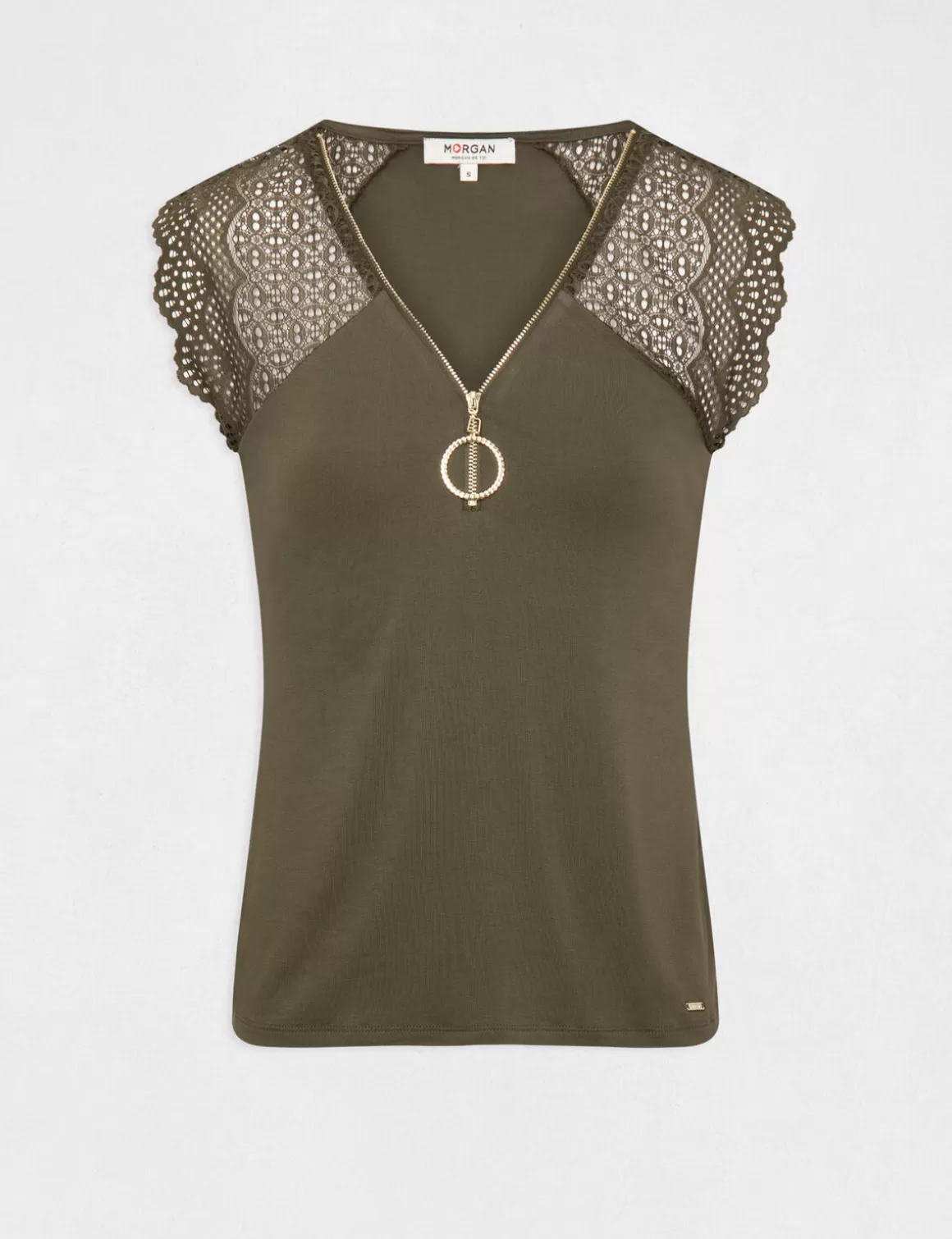 Morgan Tops Et T-Shirts>T-Shirt Manches Courtes A Dentelle Vert Kaki Femme | Vert_Kaki