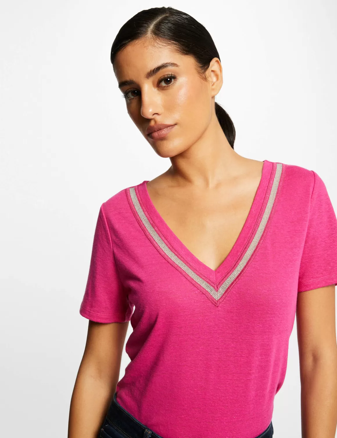 Morgan Tops Et T-Shirts>T-Shirt Manches Courtes A Details Bijoux Rose Fonce Femme | Rose_Fonce