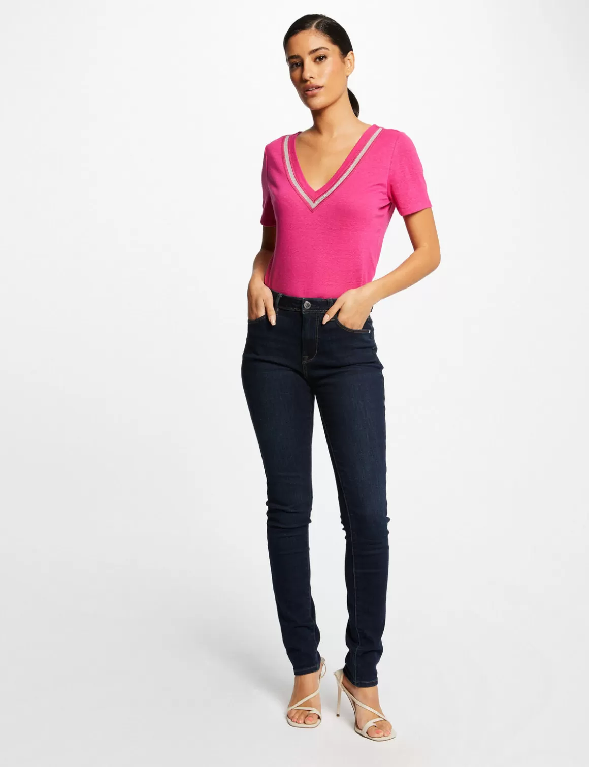 Morgan Tops Et T-Shirts>T-Shirt Manches Courtes A Details Bijoux Rose Fonce Femme | Rose_Fonce