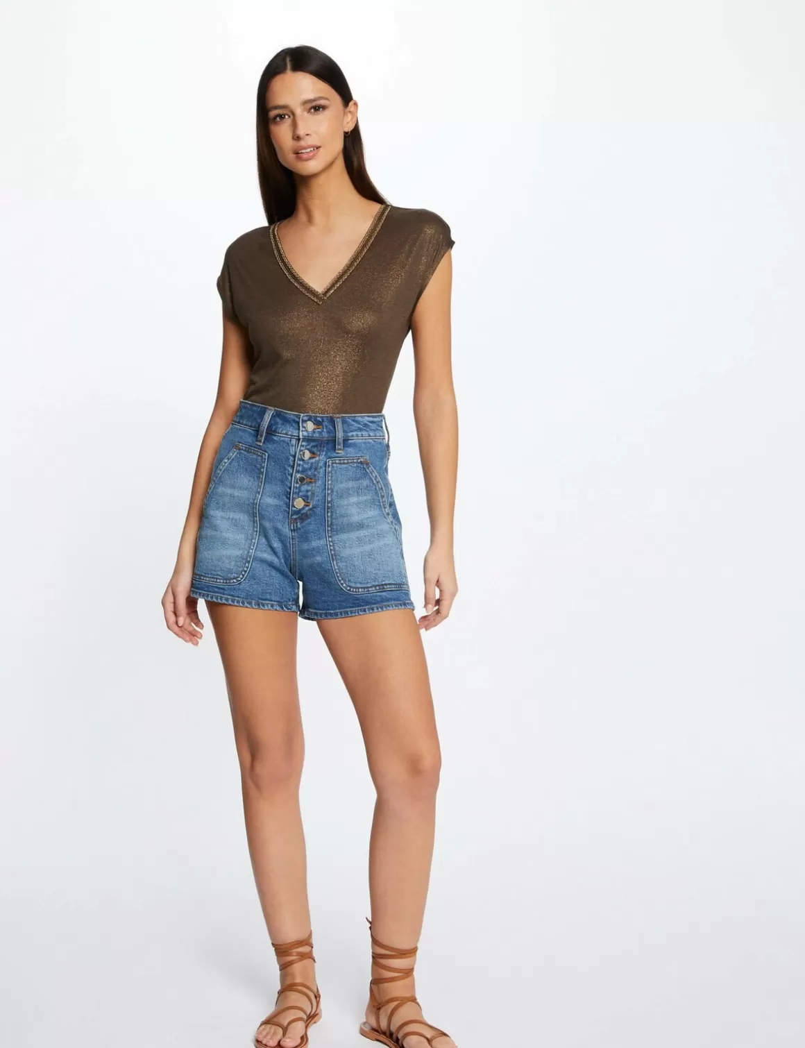 Morgan Tops Et T-Shirts>T-Shirt Manches Courtes A Details Bijoux Vert Kaki Femme | Vert_Kaki