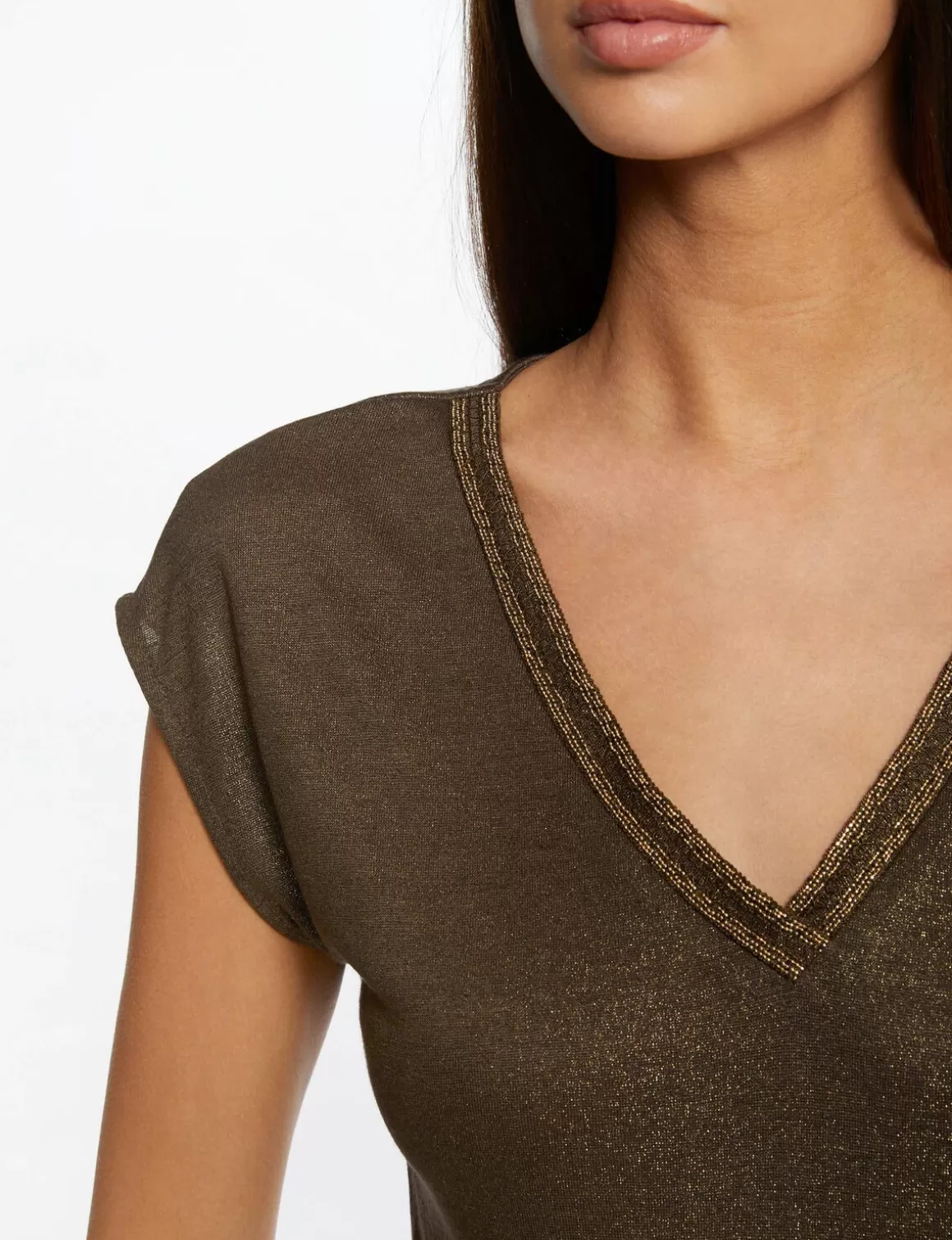 Morgan Tops Et T-Shirts>T-Shirt Manches Courtes A Details Bijoux Vert Kaki Femme | Vert_Kaki