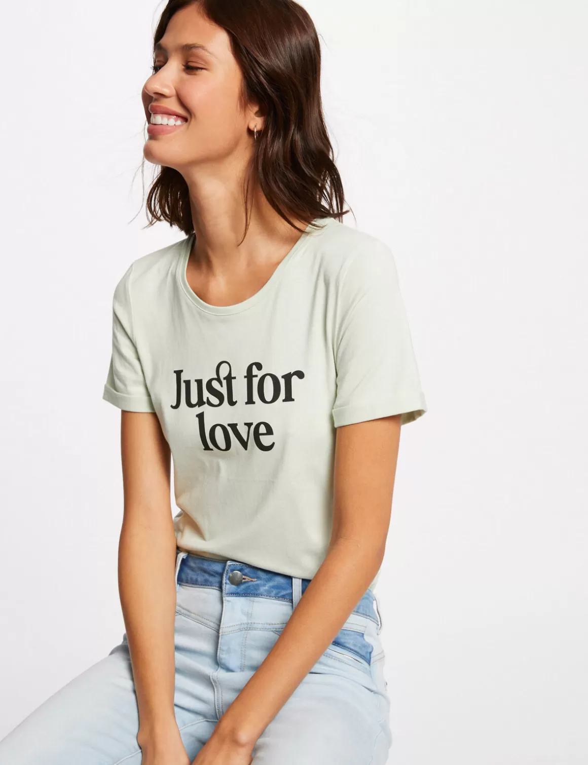 Morgan Tops Et T-Shirts>T-Shirt Manches Courtes A Inscription Vert Clair Femme | Vert_Clair