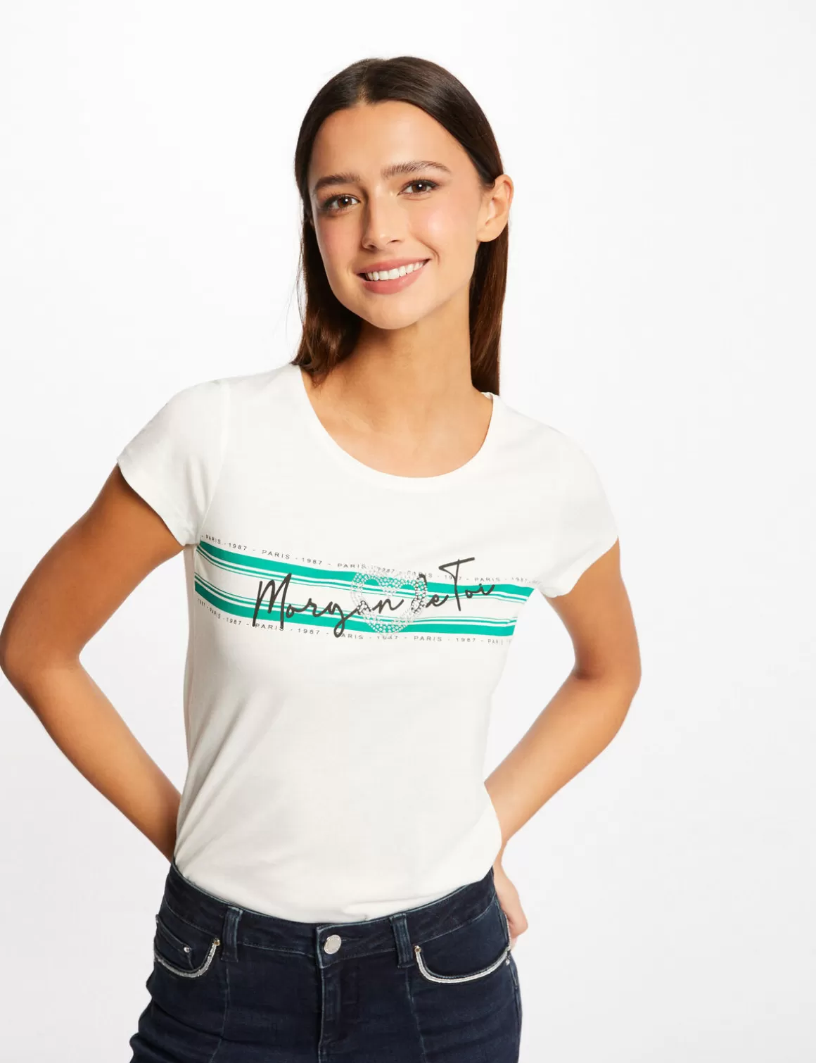 Morgan Tops Et T-Shirts>T-Shirt Manches Courtes A Inscription Vert Moyen Femme | Vert_Moyen