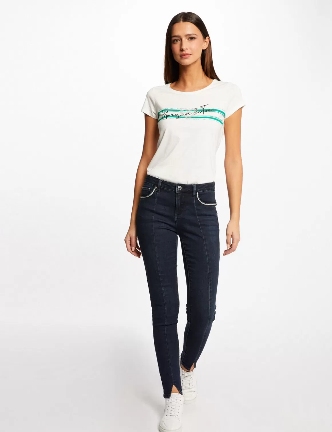 Morgan Tops Et T-Shirts>T-Shirt Manches Courtes A Inscription Vert Moyen Femme | Vert_Moyen