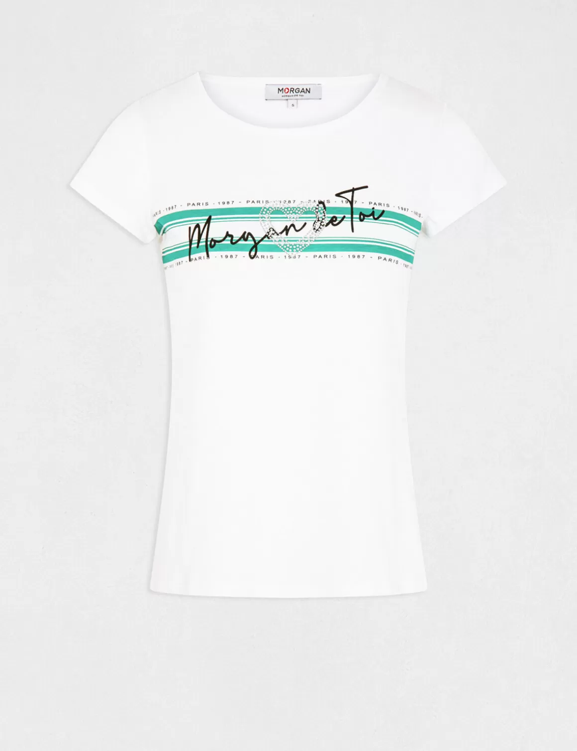 Morgan Tops Et T-Shirts>T-Shirt Manches Courtes A Inscription Vert Moyen Femme | Vert_Moyen