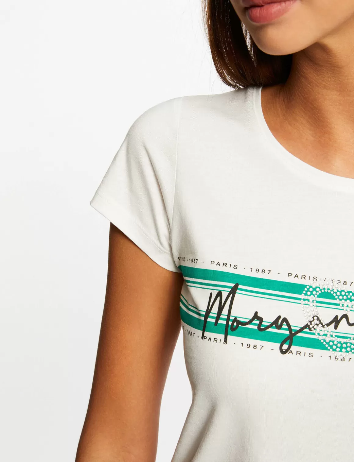 Morgan Tops Et T-Shirts>T-Shirt Manches Courtes A Inscription Vert Moyen Femme | Vert_Moyen