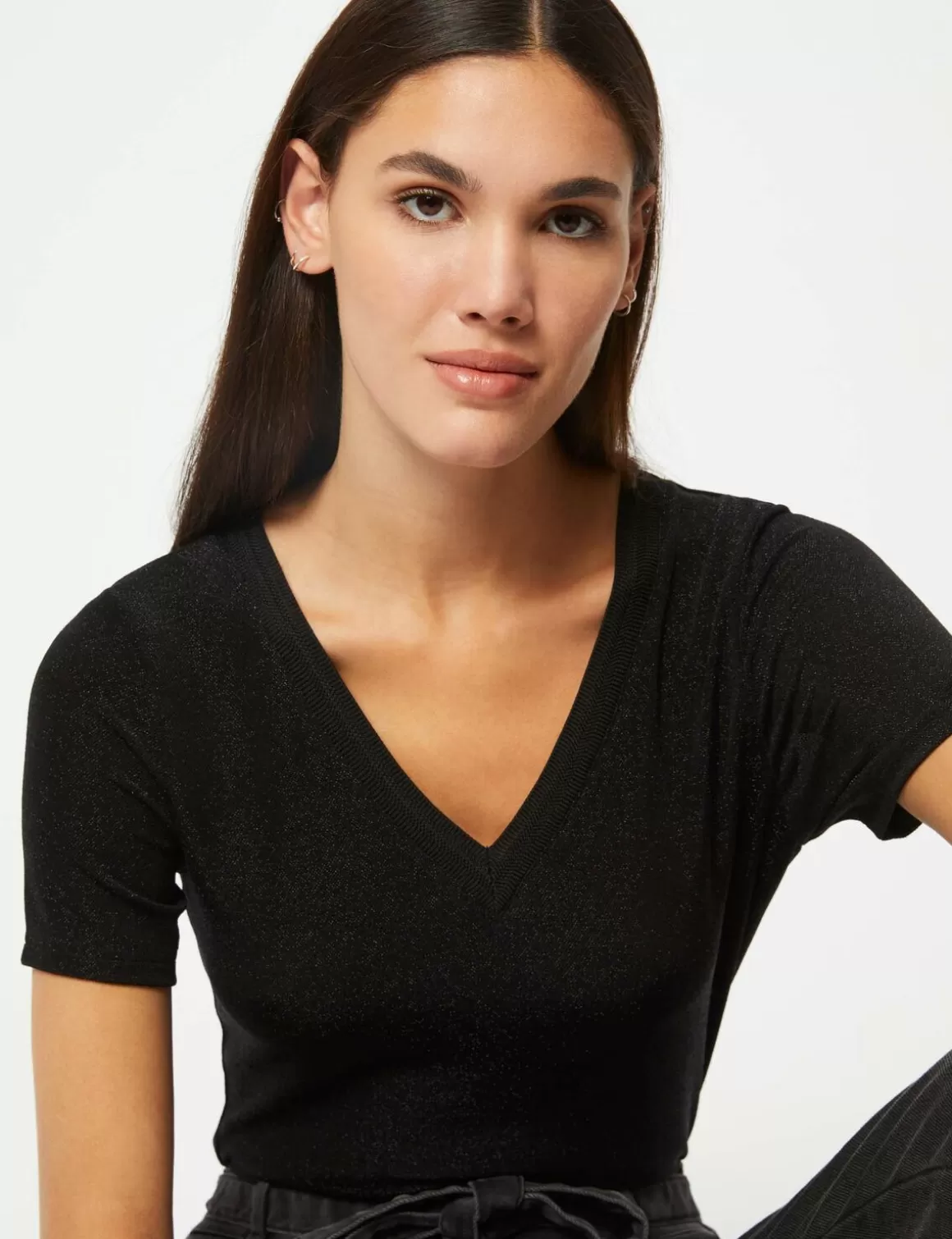 Morgan Tops Et T-Shirts>T-Shirt Manches Courtes Avec Col En V Femme | Noir