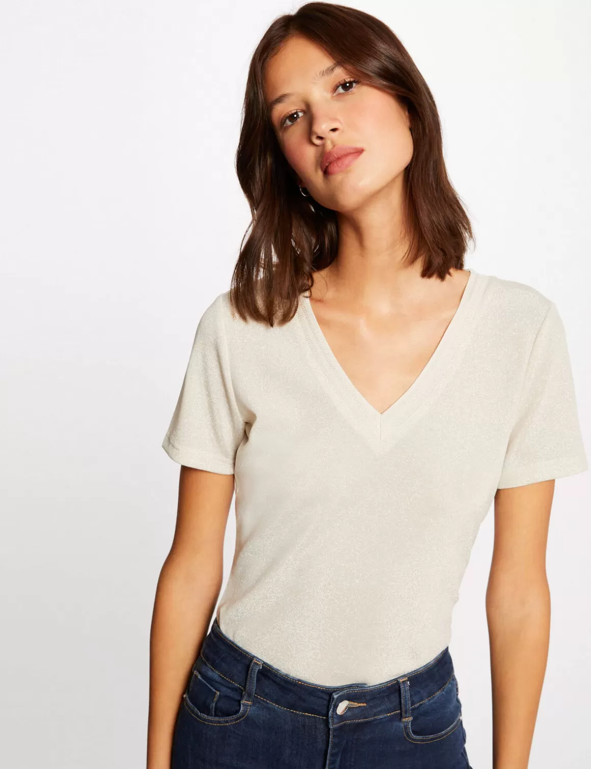 Morgan Tops Et T-Shirts>T-Shirt Manches Courtes Avec Col En V Femme | Ivoire