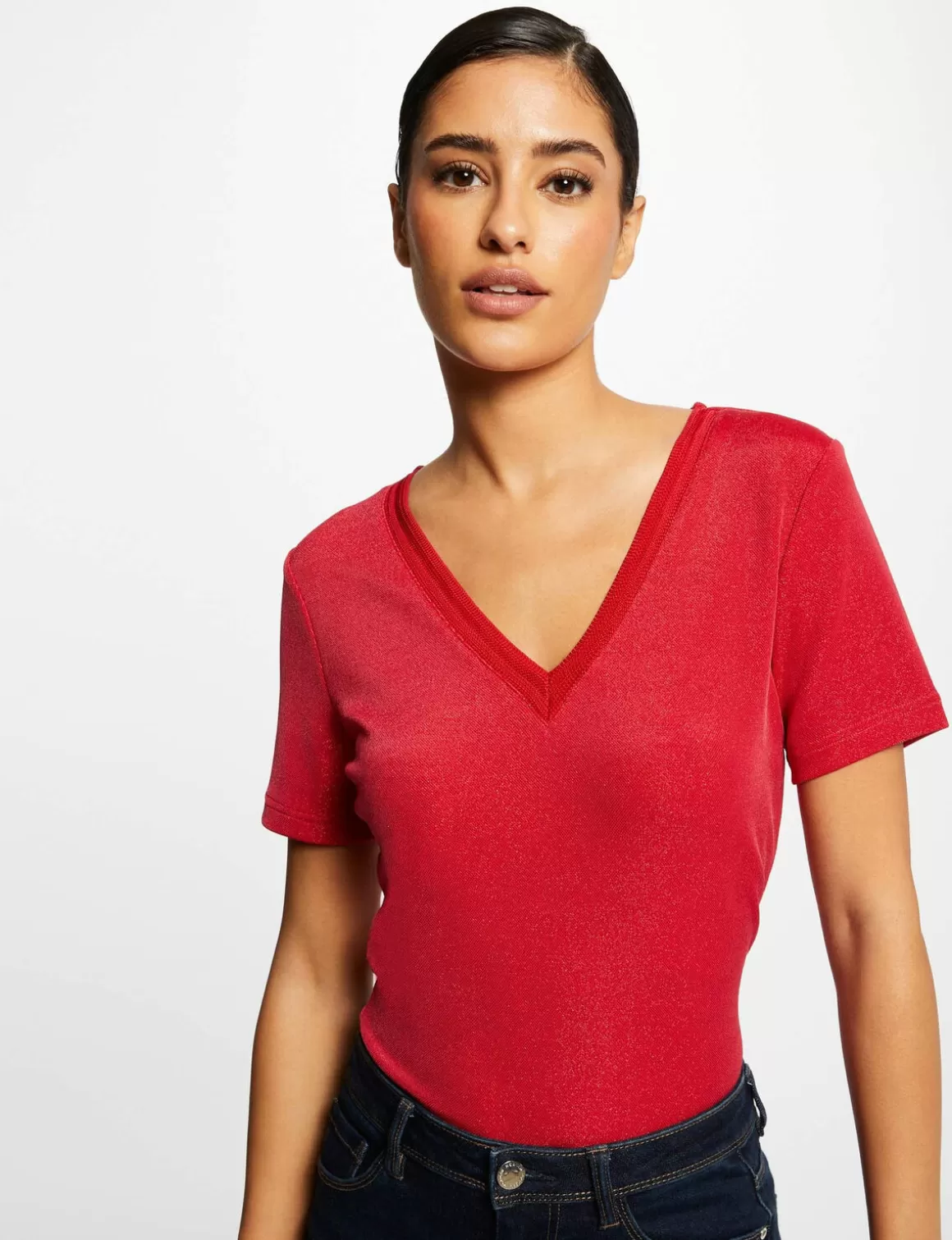 Morgan Tops Et T-Shirts>T-Shirt Manches Courtes Avec Col En V Femme | Framboise