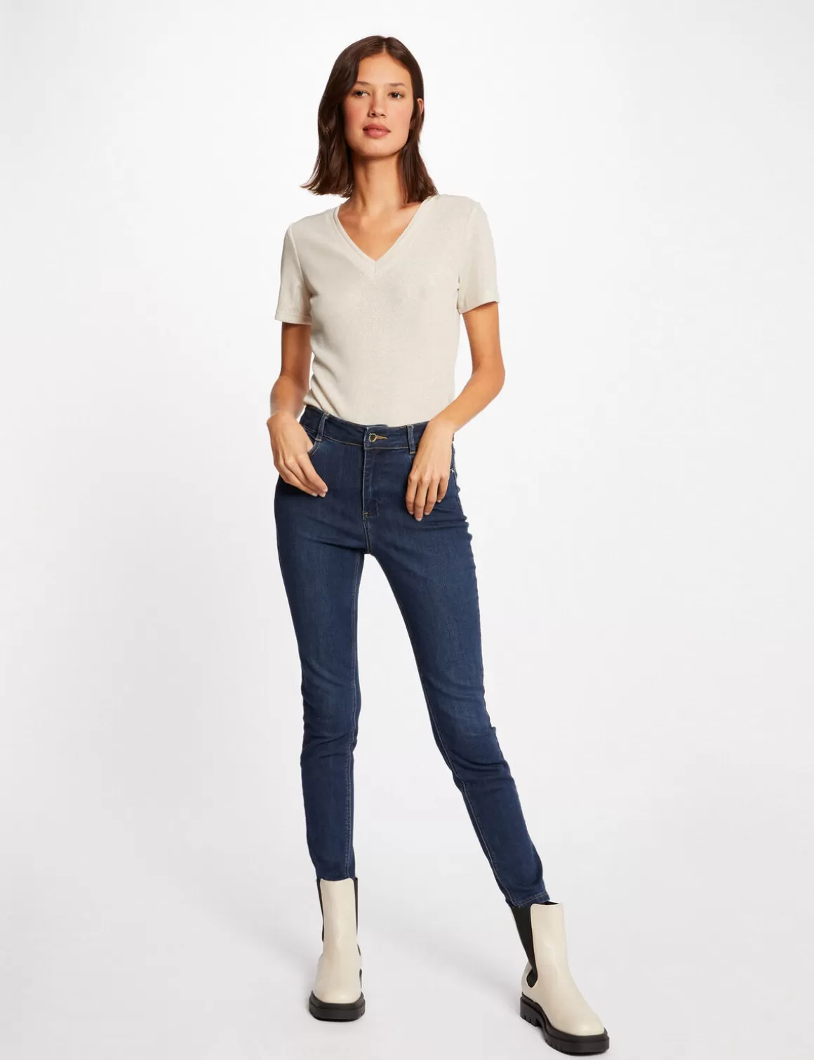 Morgan Tops Et T-Shirts>T-Shirt Manches Courtes Avec Col En V Femme | Ivoire