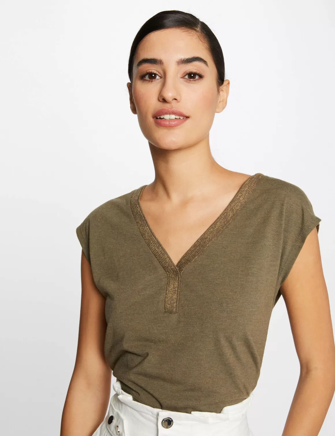 Morgan Tops Et T-Shirts>T-Shirt Manches Courtes Bande Encolure Vert Kaki Femme | Vert_Kaki