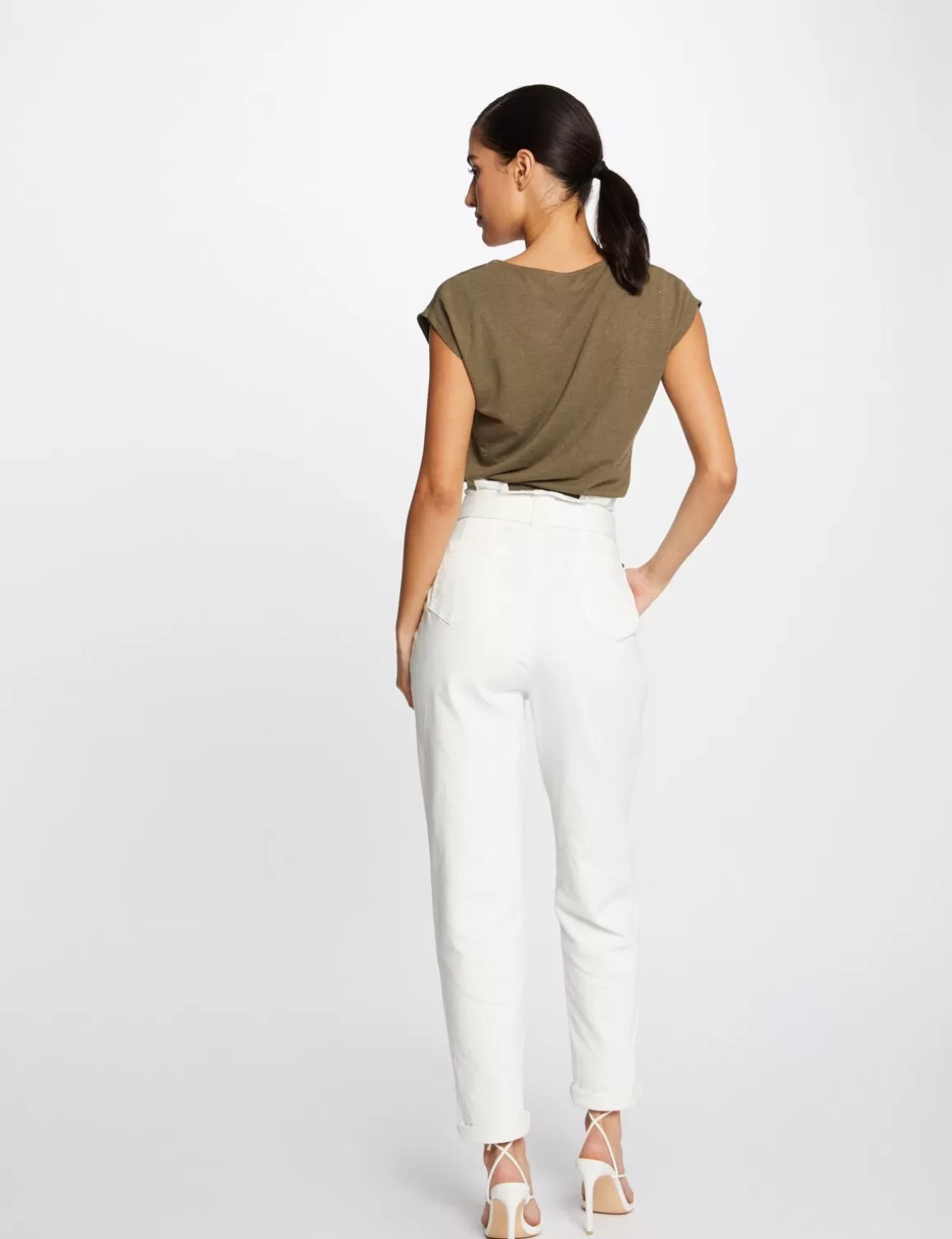 Morgan Tops Et T-Shirts>T-Shirt Manches Courtes Bande Encolure Vert Kaki Femme | Vert_Kaki