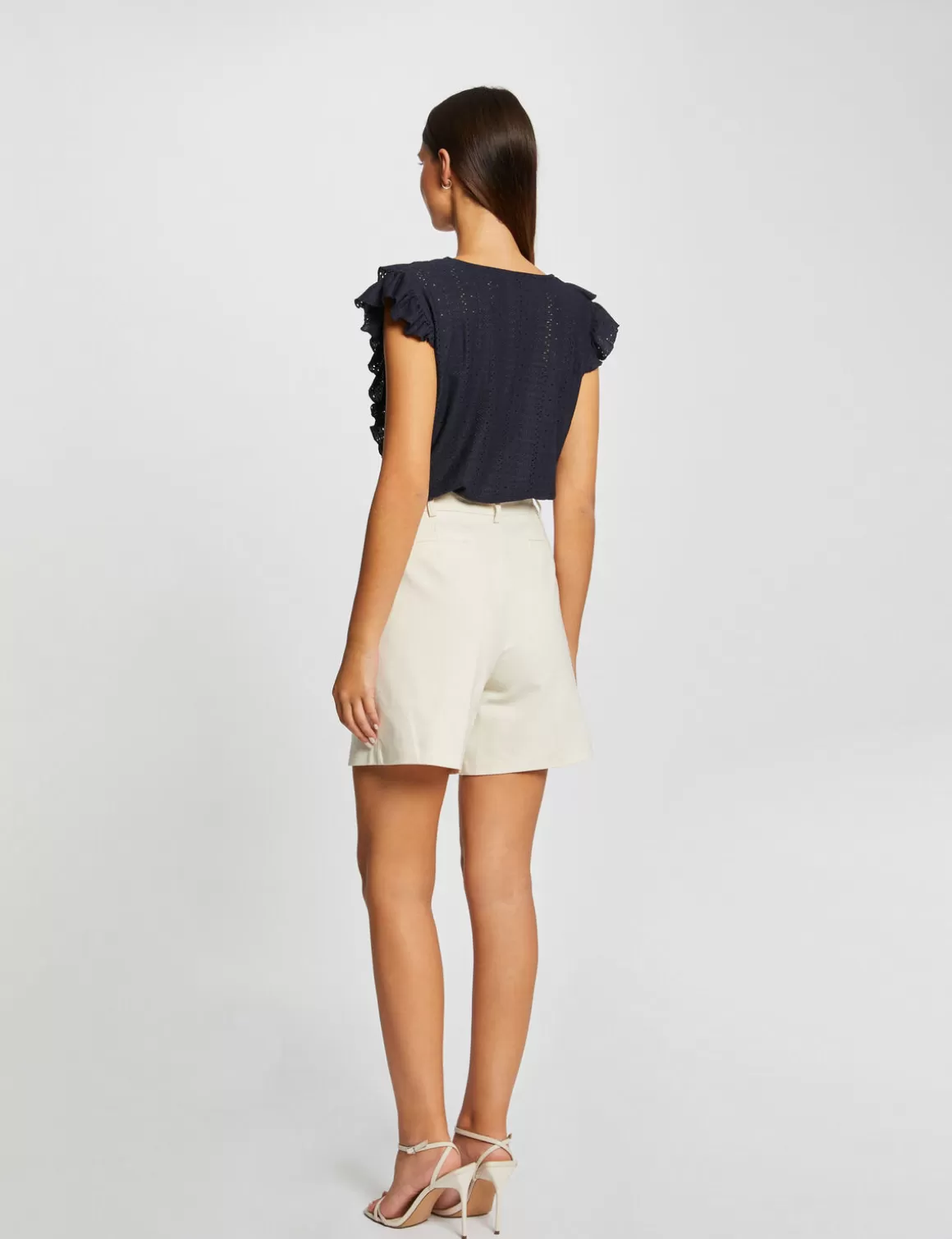 Morgan Tops Et T-Shirts>T-Shirt Manches Courtes Brode A Volants Femme | Marine