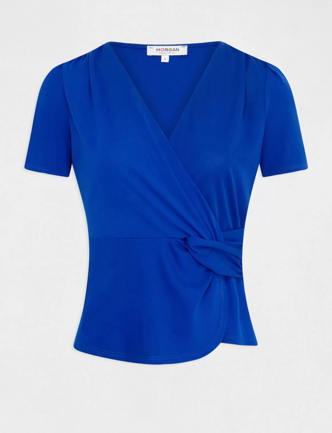 Morgan Tops Et T-Shirts>T-Shirt Manches Courtes Col Cache-Coeur Bleu Electrique Femme | Bleu_Electrique