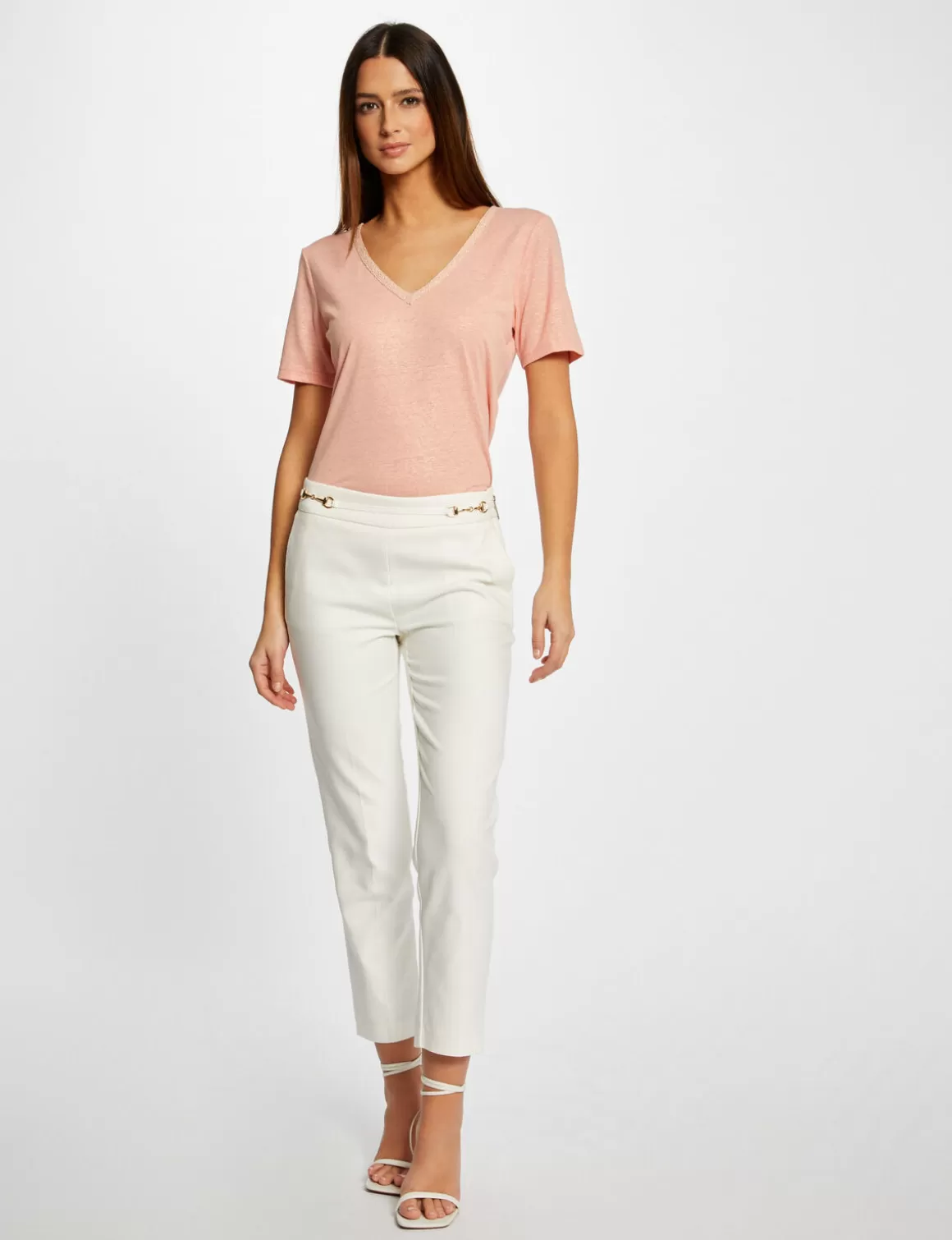 Morgan Tops Et T-Shirts>T-Shirt Manches Courtes Col En V Rose Moyen Femme | Rose_Moyen
