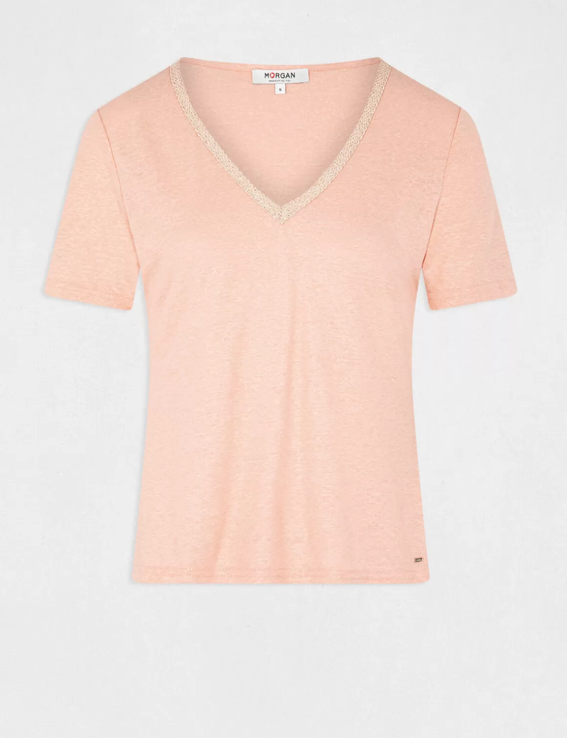 Morgan Tops Et T-Shirts>T-Shirt Manches Courtes Col En V Rose Moyen Femme | Rose_Moyen