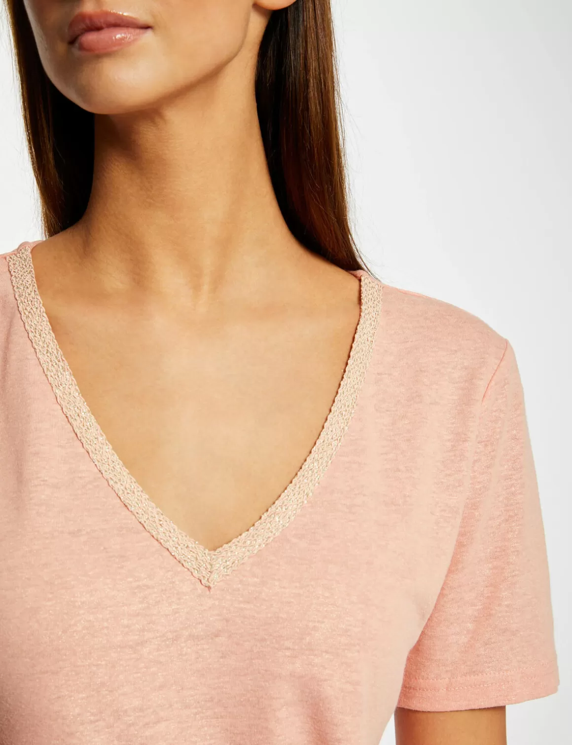 Morgan Tops Et T-Shirts>T-Shirt Manches Courtes Col En V Rose Moyen Femme | Rose_Moyen