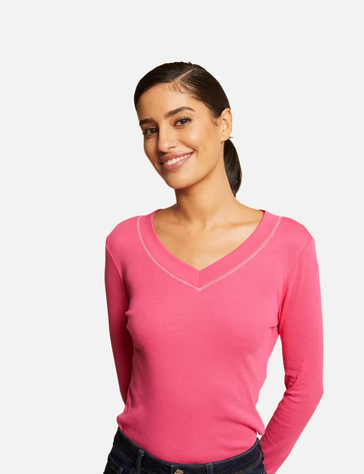 Morgan Tops Et T-Shirts>T-Shirt Manches Longues Avec Col En V Femme | Fuchsia