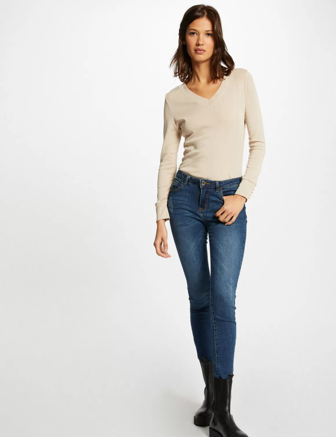 Morgan Tops Et T-Shirts>T-Shirt Manches Longues Avec Col En V Femme | Mastic