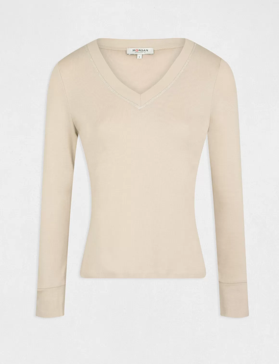Morgan Tops Et T-Shirts>T-Shirt Manches Longues Avec Col En V Femme | Mastic