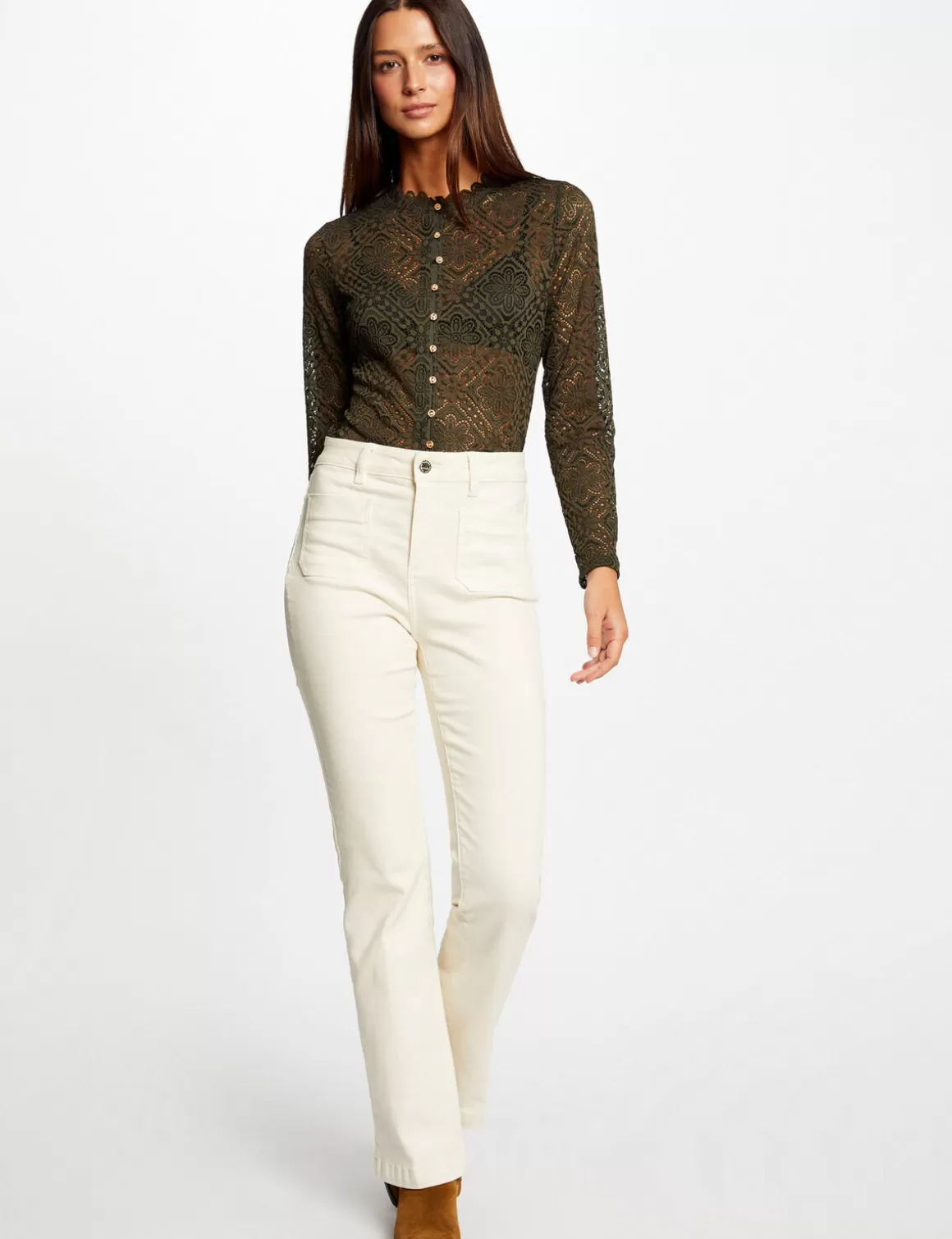 Morgan Tops Et T-Shirts>T-Shirt Manches Longues En Dentelle Vert Fonce Femme | Vert_Fonce