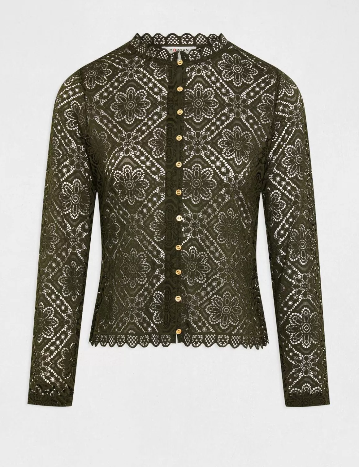 Morgan Tops Et T-Shirts>T-Shirt Manches Longues En Dentelle Vert Fonce Femme | Vert_Fonce