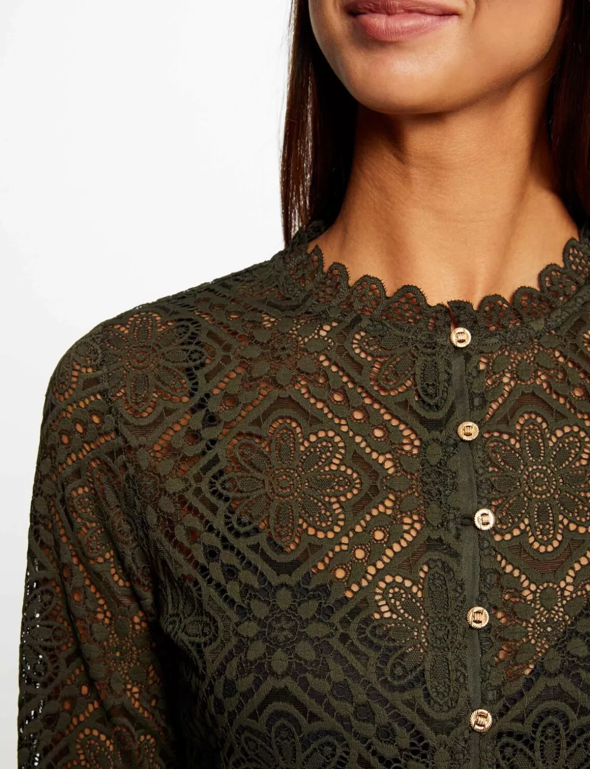 Morgan Tops Et T-Shirts>T-Shirt Manches Longues En Dentelle Vert Fonce Femme | Vert_Fonce