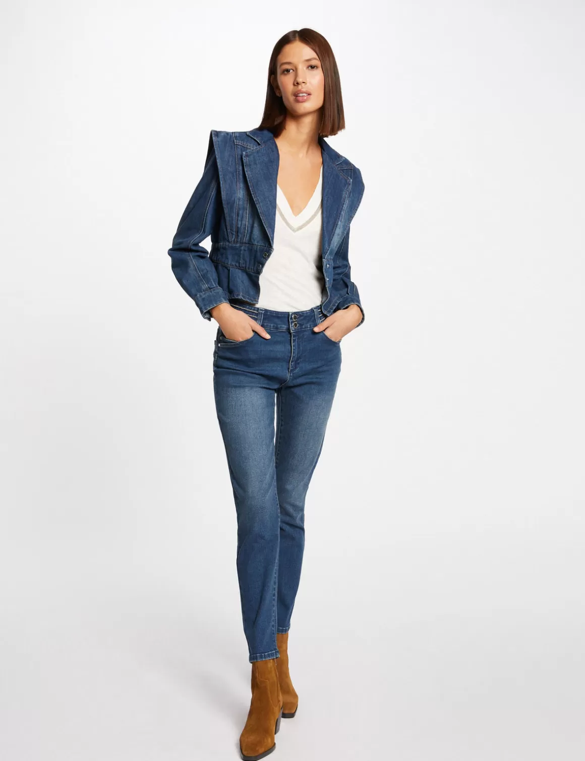 Morgan Vestes Et Blousons>Veste Cintree En Jean Avec Epaulettes Jean Stone Femme | Jean_Stone