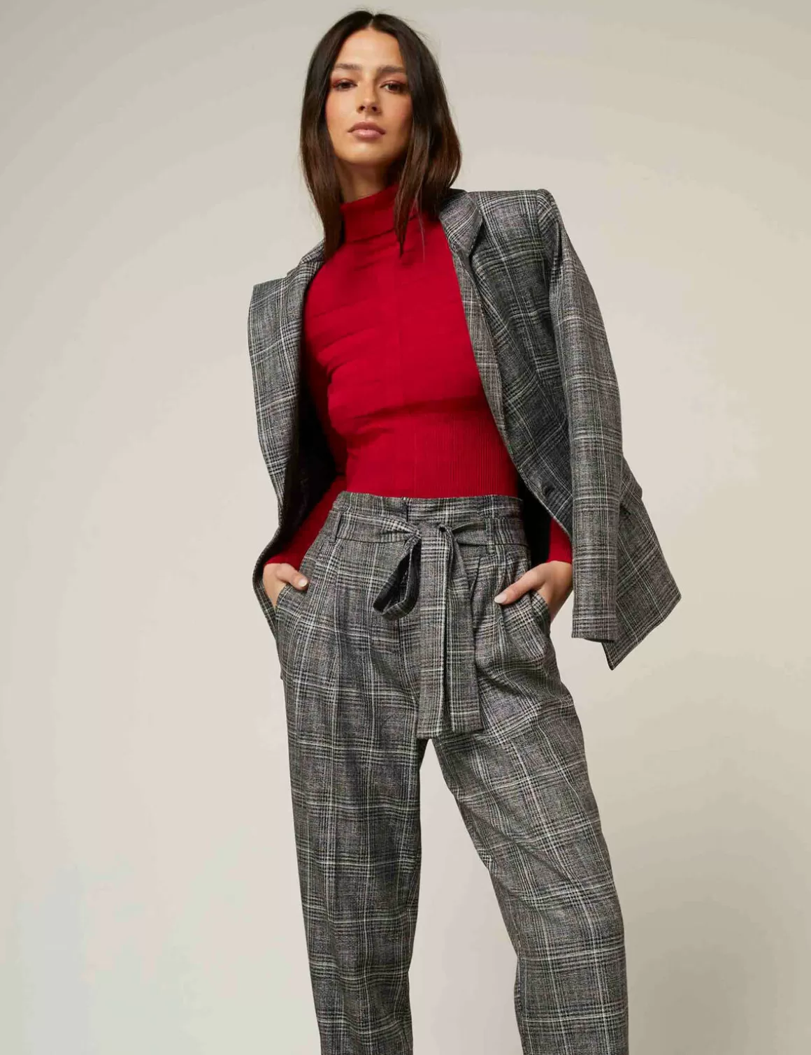 Morgan Ensembles Et Tailleurs>Veste Tailleur City Droite A Carreaux Gris Moyen Femme | Gris_Moyen